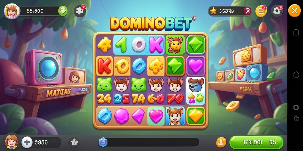 Screenshot gameplay seru DOMINOBET dengan elemen Match-3 yang berwarna-warni.