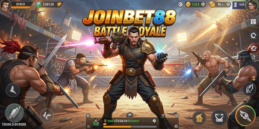 Tangkapan layar utama JOINBET88 menunjukkan aksi intens di arena Battle Royale.