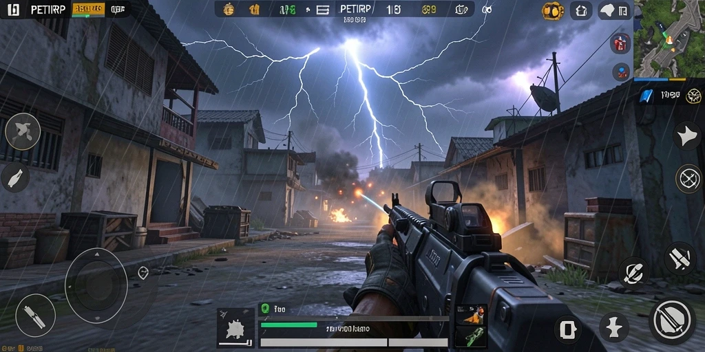 Screenshot gameplay PETIRRP menunjukkan aksi tembak-menembak yang mendebarkan.